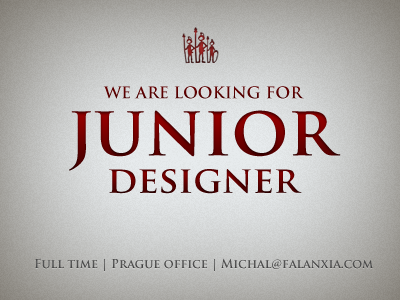 We are looking for junior designer developer falanxia game job logo poster red type