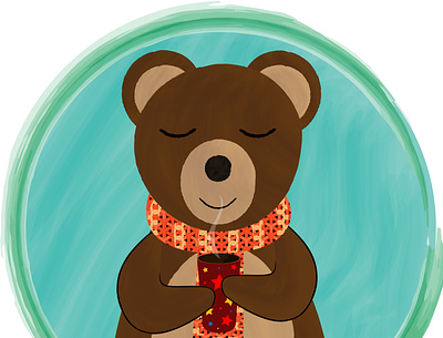 Happy bear bear coffee cup illustraion scarf vector watercolor