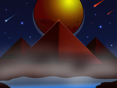 The night view from the space planet with pyramids and lake. comet illustraion lake moon night pyramids sky space stars sun vector view