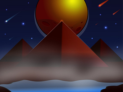 The night view from the space planet with pyramids and lake.