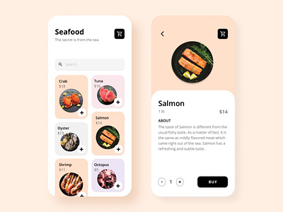 Mobile App - Seafood Delivery app buy crab delivery design food mobile mobile app mobile ui octopus oyster salmon seafood shop shrimp tuna ui ux