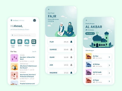 Mobile App - Discover Islam adzan app ashar design dua duhr fajr illustration maghrib mobile mobile app mobile ui mosque praying praying time sahaba sunrise ui ux zikr