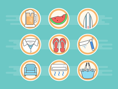Summer Icon Set ac beer chair cooler couch flip flop icons razor sandals summer surfboard watermelon