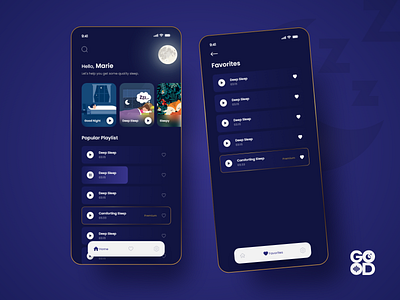 Sleep Good Sounds App | Home, Favorite UI/UX Design | By Hammad