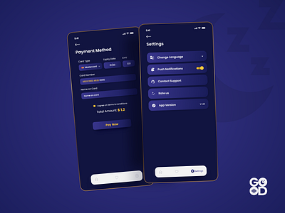 Sleep Good Sounds App | Payment Method, Settings UI/UX Design