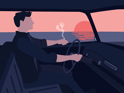 Jim blue crying design drawing driving illustration illustrator man old car pink sea shadows sky smoking sunset ui