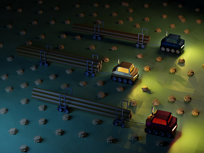 deforestation inspired by Zdenek Miler 3d 3d art blender blender3d diorama forest headlights heavy heavy equipment illustration isometric isometric design low poly machinery night trees work