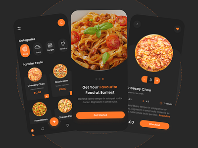Food Delivery App - Dark Mode appdesign uitrends darkmode favouritescreen foodapp homescreen minimal ui uiux ux