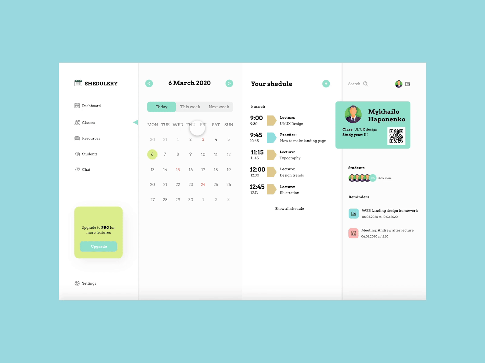 SHEDULERY app application calendar class dashboad design e learning edtech education event lessons managing shedule teach ui ux web webapp
