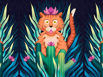 Tiger and flowering cacti