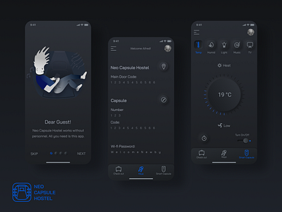 Neo Capsule Hostel (Smart Home + Neumorphism) app dark app dark mode dark ui design illustraion logo mobile neomorphism neon neumorphism smarthome ui ux