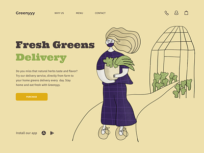Greens Delivery Service character creative delivery design figma first screen flat food fun hero image hero page illustration modern photoshop ui ux web webdesign website
