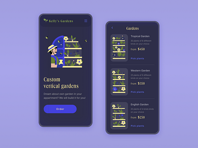 Vertical gardens app card catalogue dark darkmode fun garden gardener herbs hero home illustration mobile mobileversion modern plants ui ux verticalgarden violet