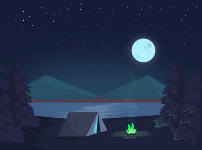 Camping illustration camp design digital art flat illustraion landscape landscape illustration night vector