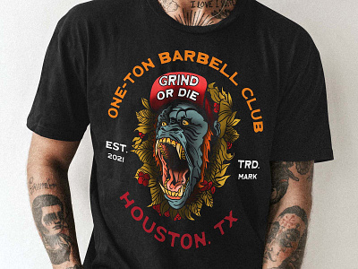 One-Ton Barbell Club T-shirt Illustration apparel design badge branding custom lettering design gorilla graphic design gym illustration letterforms logo