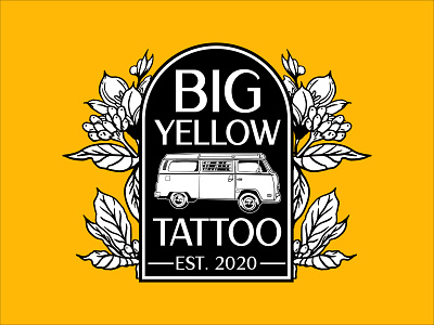 Big Yellow Tattoo VW Bus Tombstone logo automotive badge branding bus car custom lettering design graphic design illustration letterforms logo tattoo tattoo logo vw bus