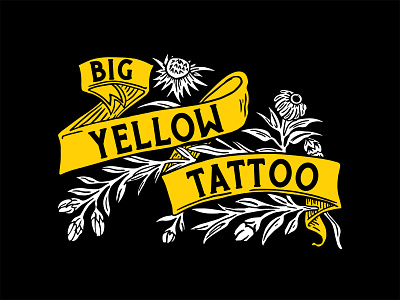 Big Yellow Tattoo Logo flower banner badge branding custom lettering design flowers graphic design illustration letterforms logo ribbon