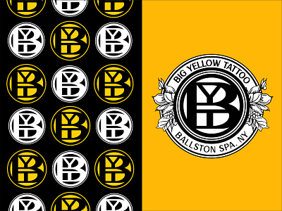 Big Yellow Tattoo Seal Logo and Pattern badge branding custom lettering design flowers graphic design illustration letterforms logo monogram seal tattoo tattoo logo