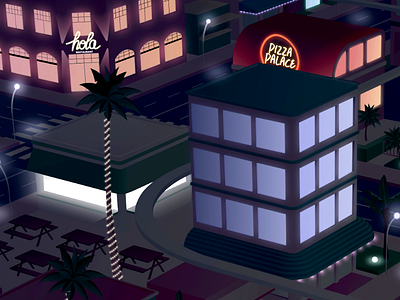 Vector City by Night city fairy fog illustration lights neon night palm perspective projectors street lights vector
