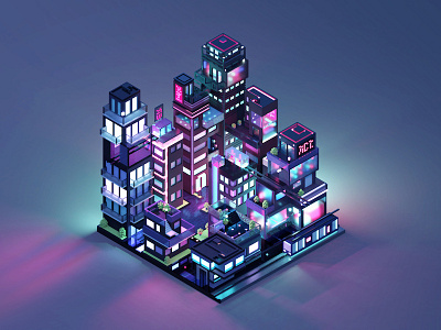 Neon City 3d city futuristic isometric lights neon pixel retro train transportation urban voxel
