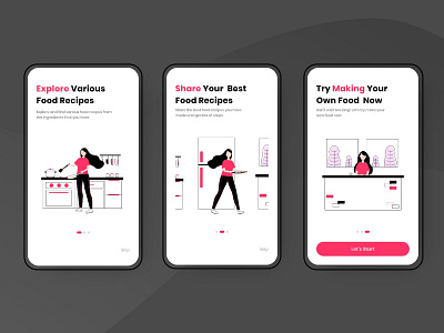 Onboarding Screen for Food Recipe App android app design black and white design figma food app food recipes illustration invisionstudio mobile app onboarding screens pink three color ui design vector