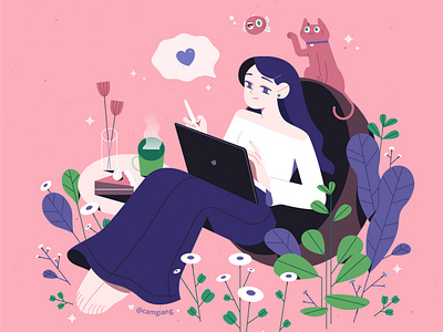 I love working in a little corner full of trees and flowers animation art cat character character design color design fish flat floral flower girl heart illustration illustrator love motion motion graphic painting workspace