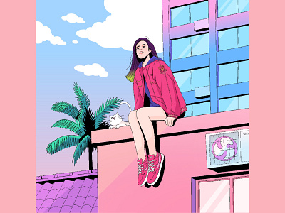A windy afternoon 😊🏙️🌥️ art building character character design digital art digital painting girl girl illustration gradient color illustration illustrator landscape lineart painting pastel popart procreate relax sky vibrant color