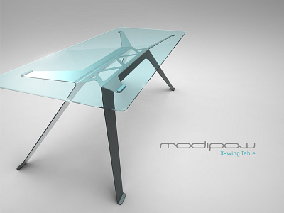 X-wing Table design (titanium & blue) add furniture glass modern product design rendering sheet metal starwars table x wing