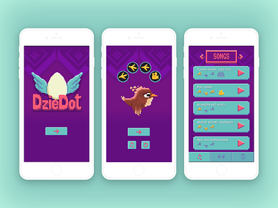 Singing game "DzieDot" app bird game design logo menu pixelart