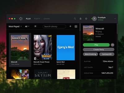 Evolve UI: Play application clean client dark desktop games mac party play simple ui