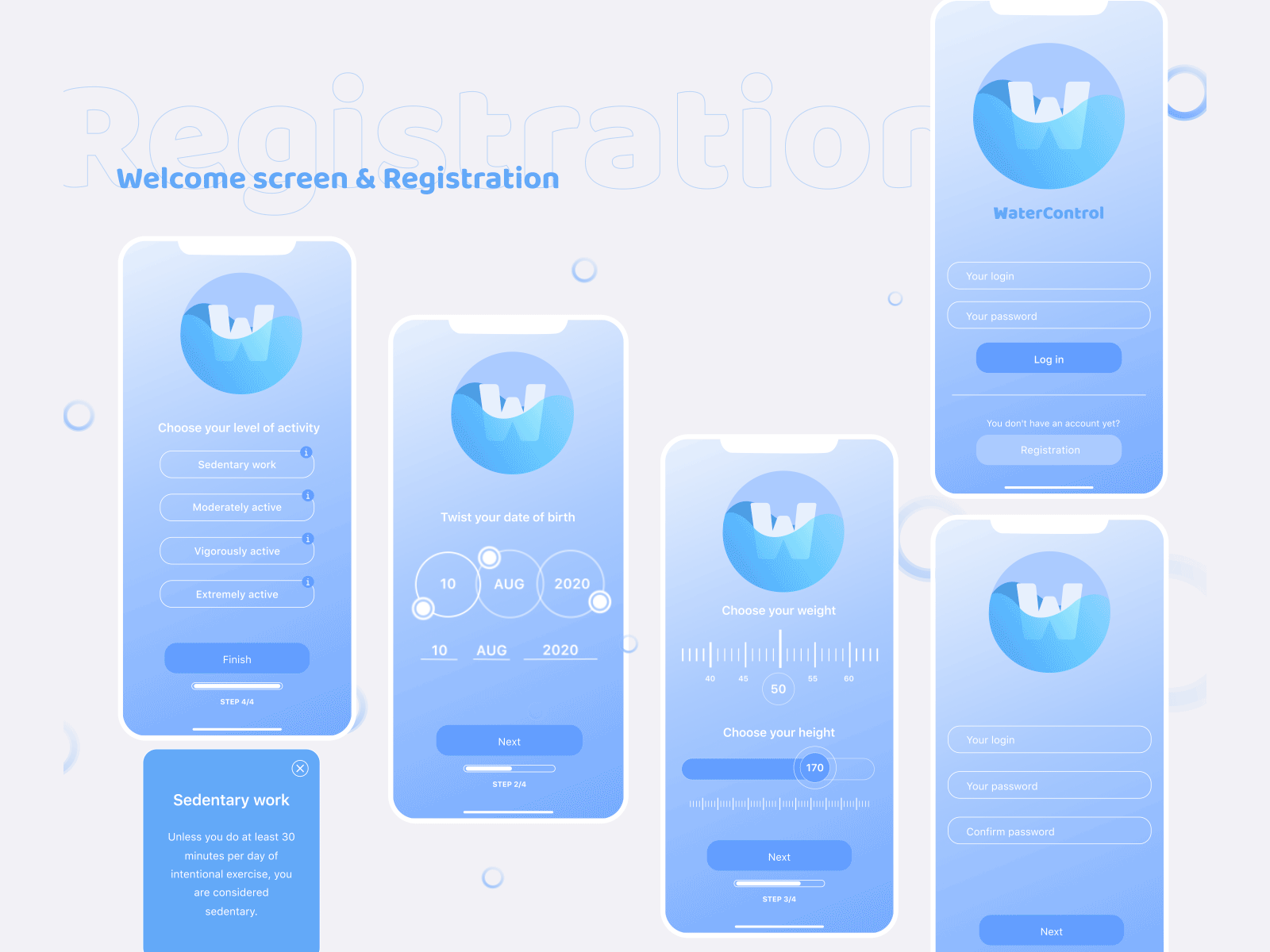 Registration screens for Water Control App
