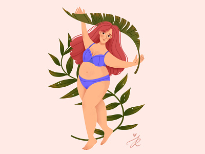 Body positive girl dancing with leaves cute dancing illustration red hair tropical leaves