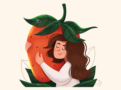 The girl hugs a big strawberry