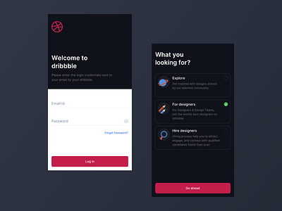 Hello Dribbble black community log in screen minimal mobile app white