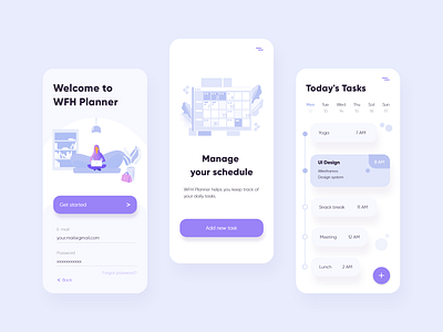 WFH Planner App adobe xd app design app designer app development application covid design illustration manager planner purple task ui user interface vector wfh work from home work from home app