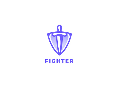 Fighter Logo-Shield and Sword fight linear logo minimalist purple shield spartan sword warrior