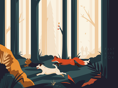 Fast Like Fox animals autumn color colorful colour colourful commission cute dog dogs forest fox foxes illustration jack russell nature pets yorkshire terrier