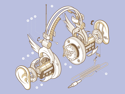 How to Open Your Ears 3d 3d art earphones ears guidebook headphones illustration isometric mechanical outline technical