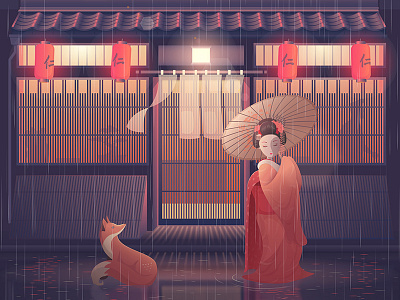 #QuinnsQuips architecture character design fox geisha illustration japan light maiko rain restaurant street urban