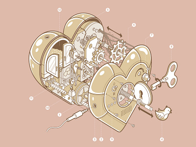 Valentine's Day: How to Rebuild A Heart 3d cute guide guidebook heart ikea illustration isometric love mechanical outline valentines day