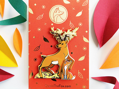 Quinn the Fox and the Isochronus Stag Enamel Pins autumn badges deer enamel pins fall foiling fox gold illustration leaves pins stag