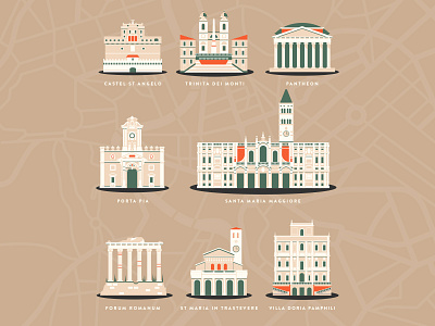 Buildings in Rome Illustrations architecture buildings city geometric holiday illustration italy landmarks retro roma rome travel vintage