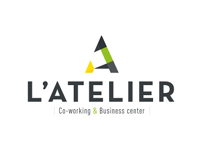 L'Atelier a atelier business business center co-working dynamic green letter a logo yellow