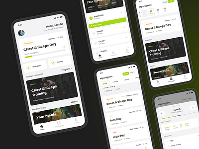 Fitness App Concept #1 app dark design energy fitness gym ios light meal minimalistic mobile modern neon screens shopping sport training ui ux workout