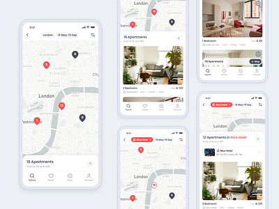 Hotel Rent App Concept apartment app bath bedroom booking branding hotel light london map minimalistic mobile modern red rent results screen search ui ux