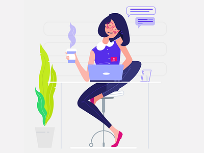 Freelancer coffee desk female flat freelancer illustration laptop notification office plant vector work