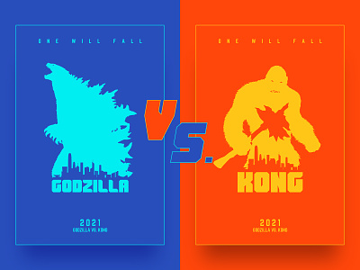 GODZILLA VS. KONG | POSTER #01 blue color flat style godzilla illustration king kong monster orange poster titan
