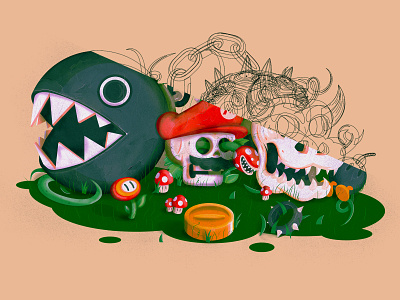 Mario world skull - outlines bowser chomp flat illustration illustrator lines mario mushroom nintendo outlines vector videogames