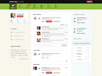 Sports social network dashboard green grid homepage red site social sports texture ui web website