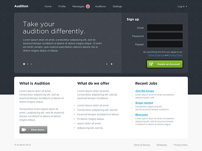 Startup for online auditions audition carousel form green grid homepage layout login minimal register signup slider texture typography ui web website